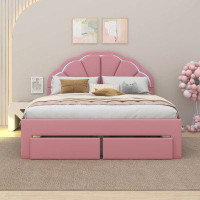 Red Barrel Studio Quineisha Queen Size Upholstered Bed with Seashell Shaped Headboard, LED and Drawers
