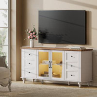 Alcott Hill WAMPAT Farmhouse TV Stand With Storage Cabinet, Glass And Wood Universal TV Stand,White Entertainment Centre