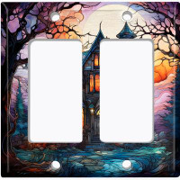 WorldAcc Metal Light Switch Plate Outlet Cover (Halloween Spooky Sunset Manor - Double Rocker)