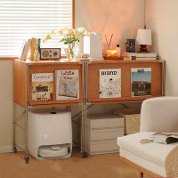 WOOD PEEK LLC Solid Wood Bookcase Household Living Room Stainless Steel Magazine Storage Cabinet Small Unit Simple Stora