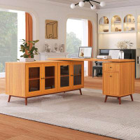 George Oliver Eila L-Shaped Executive Desk with Delicate Tempered Glass Cabinet Storage for Home Office