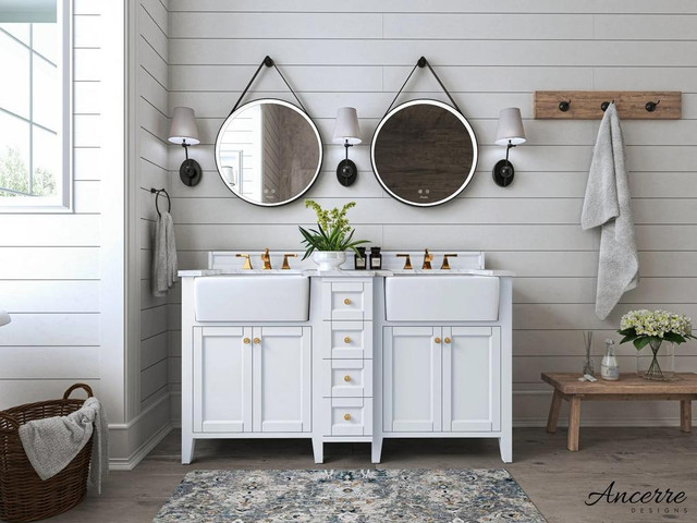 60 Inch Adeline Bathroom Vanity W Double Farmhouse Sink & Carrara White Marble Top Cabinet Set Available 3 Finishes ANC in Cabinets & Countertops - Image 3