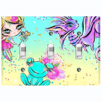 WorldAcc Metal Light Switch Plate Outlet Cover (Fairy Princess Seahorse Frog Teal Yellow  - Triple Toggle)