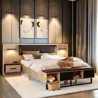 Brayden Studio Wood Platform Bed With Upholstered Headboard, Lights, Storage Nightstand And Bench