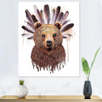 Millwood Pines Cartoon Brown Bear With Indian Headdress - Children''s Art Canvas Wall Decor