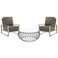 Ebern Designs Ebern Designs Bilqis Modern 3-Piece Living Room Set With 2 Leather Arm Chair In Silver Frame And Round Cof