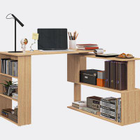 Latitude Run® L Shaped Corner Desk, 360 Degree Rotating Home Office Desk with Storage Shelves