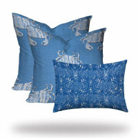 HomeRoots Set Of Three 20" X 20" Blue And White Crab Blown Seam Coastal Throw Indoor Outdoor Pillow