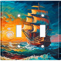 WorldAcc Metal Light Switch Plate Outlet Cover (Rustic Sea Ship Boat Sunrise Ocean Art - Double Toggle)