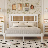 Ebern Designs Full Size Wooden Platform Bed With Natural Rattan Headboard, Exquisite Elegance With Minimalist Charm For