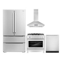 Cosmo Cosmo 4 Piece Kitchen Package With 36" Freestanding Gas Range 36" Island Range Hood 24" Built-in Integrated Dishwa