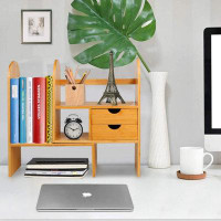 Latitude Run® Bamboo  Adjustable Desk Organizer Shelf, Office Shelves Storage Rack Expandable Natural Wood Display Stand