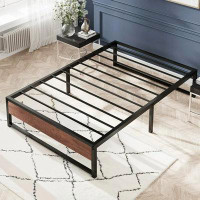 17 Stories 17 Stories Twin Size Platform Bed Frame With Rustic Wood, Metal Slats, Black