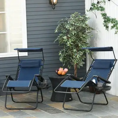 2pc Zero Gravity Folding Lounge Chair Reclining Deck Seat w Cup Holder, Canopy Sun Shade - Blue