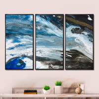 Wrought Studio Black White And Blue Liquid Marble Art Uinivers - Modern Framed Canvas Wall Art Set Of 3