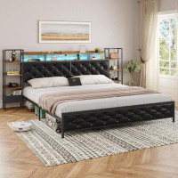 17 Stories Queen Led Bed Frame With Bookcase Storage Headboard And Charging Station, Platform Bed Frame Queen Size With