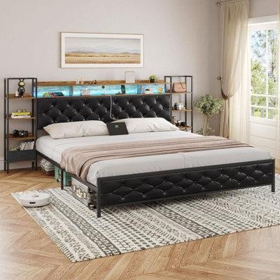 17 Stories Queen Led Bed Frame With Bookcase Storage Headboard And Charging Station, Platform Bed Frame Queen Size With  in Beds & Mattresses