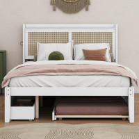 Red Barrel Studio Queen Size Elegant Bed Frame With Rattan Headboard And Sockets