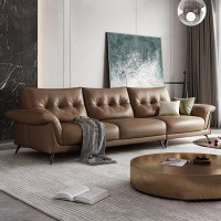 Brayden Studio 110.24" Dark nut-brown Genuine Leather Modular Sofa cushion couch
