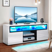 Wrought Studio Modern High Glossy LED TV Stand For 70" With 5 Open Shelves 2 Storage Cabinet For Bedroom Living Room