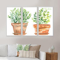 Design Art Two Green House Plants In Orange Flower Pots - Traditional Framed Canvas Wall Art Set Of 3