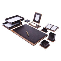 Ebern Designs MOOG Leather Desk Organizer Set Walnut Wood Combination Best Gift For Lawyers, Managers And Bosses - Desk