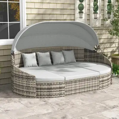 4pc PE Rattan Wicker Canopy Daybed Lounge Outdoor Patio Sofa Conversation Set, Cushions, Light Grey