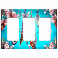 WorldAcc Metal Light Switch Plate Outlet Cover (Colourful Feather Dream Catcher Teal  - Triple Rocker)