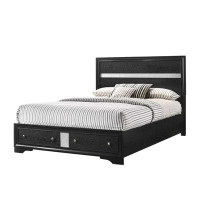 Benjara Regi King Size Bed, 2 Storage Drawers, Silver Striped Headboard, Black Wood