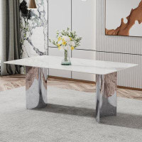 Everly Quinn Modern Minimalist Dining Table. The White Imitation Marble Glass Desktop Is Equipped With Silver Metal Legs