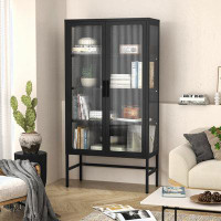 Latitude Run® Storage Cabinet with Double Glass Door and Adjustable Shelves
