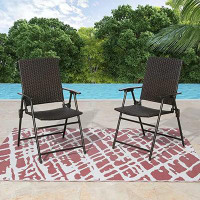 Latitude Run® Rattan Folding Outdoor Patio Dining Chairs With Armrest Foldable Wicker Chairs Set Of Two, Black