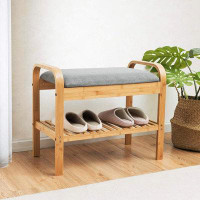 Ebern Designs Giantex Shoe Rack Bench With Storage, Bamboo Storage Bench With Cushioned Seat, Padded Seat Shoe Bench Wit