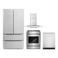 Cosmo 4 Piece Kitchen Package With 30" Freestanding Gas Range 30" Wall Mount Range Hood 24" Built-In Fully Integrated Di