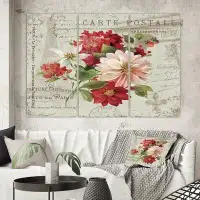 East Urban Home Farmhouse 'Red Painted Flowers on Vintage Postcard II' Graphic Art Multi-Piece Image on Wrapped Canvas