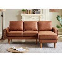 Latitude Run® '' L-shape Brown Sofa With Chaise: Mid-century Design, Copper Nails, Strong Wooden Legs, Suede Fabric