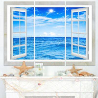 Design Art Window Open to Blue Wavy Ocean - 3 Piece Graphic Art on Wrapped Canvas Set