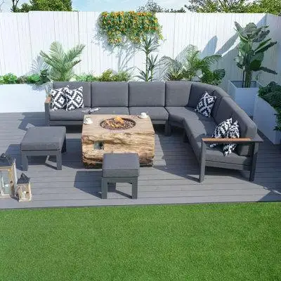 The outdoor conversation set with a fire pit table can accommodate up to six people. Each piece in t...