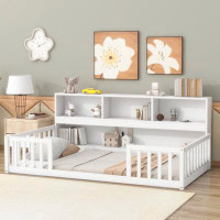 Red Barrel Studio White Twin Floor Bed With Built-in Bedside Bookcase, Shelves, And Guardrails For Enhanced Safety And S