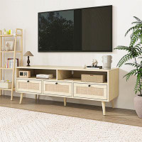 Winston Porter Rattan TV Stand With Solid Wood Feet, TV Console Table For Living Room