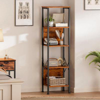 17 Stories 17 Storeys 5 Tier Bookshelf With Back, Tall Narrow Bookcase, Rustic Standing Shelf Units, Metal And Wood Disp