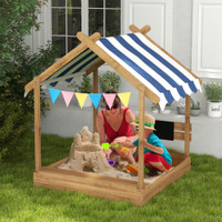 OUTDOOR WOODEN SANDBOX WITH COVER FOR 3-7 YEARS OLD, BACKYARD, BROWN