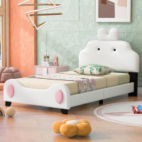 Zoomie Kids Twin Size Upholstered Platform Bed with Cartoon Headboard and Footboard