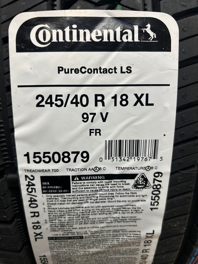4 Brand New Continental Pure Contact LS  245/40R18 All Season tires.$70 REBATE!!! *** WallToWallTires.com *** in Tires & Rims in Ottawa / Gatineau Area