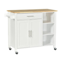 WOODEN ROLLING KITCHEN ISLAND ON 360° SWIVEL WHEELS DINING CART WITH DRAWER FOR KITCHEN, WHITE