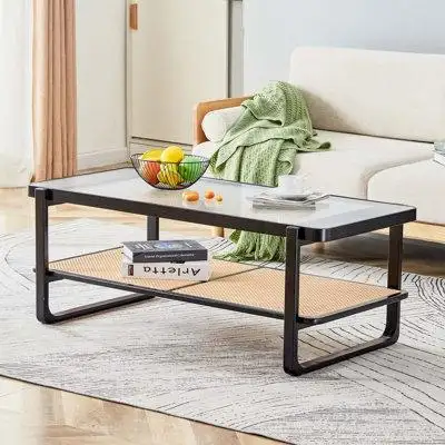 Bay Isle Home™ Modern minimalist rectangular double layer black solid wood imitation rattan coffee table