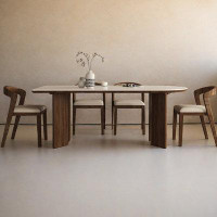 Hokku Designs 70.87" White Stone + Solid Wood Half-circle Dining Table