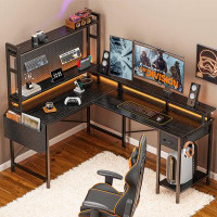 Inbox Zero Lateefa 88" L Shaped Computer Home Office Desk with LED Lights & Power Outlets with Storage Shelves 4-Tier Re