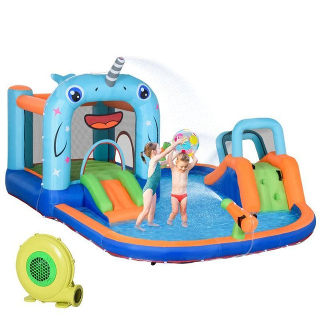 5-IN-1 INFLATABLE WATER SLIDE, NARWHALS STYLE KIDS CASTLE BOUNCE HOUSE INCLUDES WITH SLIDE TRAMPOLINE in Toys & Games