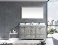 NEW 60 DISTRESSED GREY DOUBLE VANITY MARBLE TOP & MIRROR HQC9564